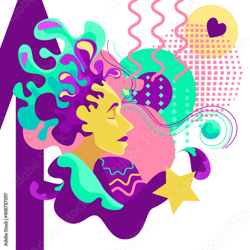 modern trend of abstract psychedelics. The image of the face of a bright girl against the background of different figures and doodle. Perfect for prints, T-shirts, corporate identity, packaging,