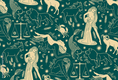 Seamless pattern - signs of the zodiac. Silhouettes of astrological signs of gold color on a background of turquoise color. Magical illustrations of women and animals on the starry sky.