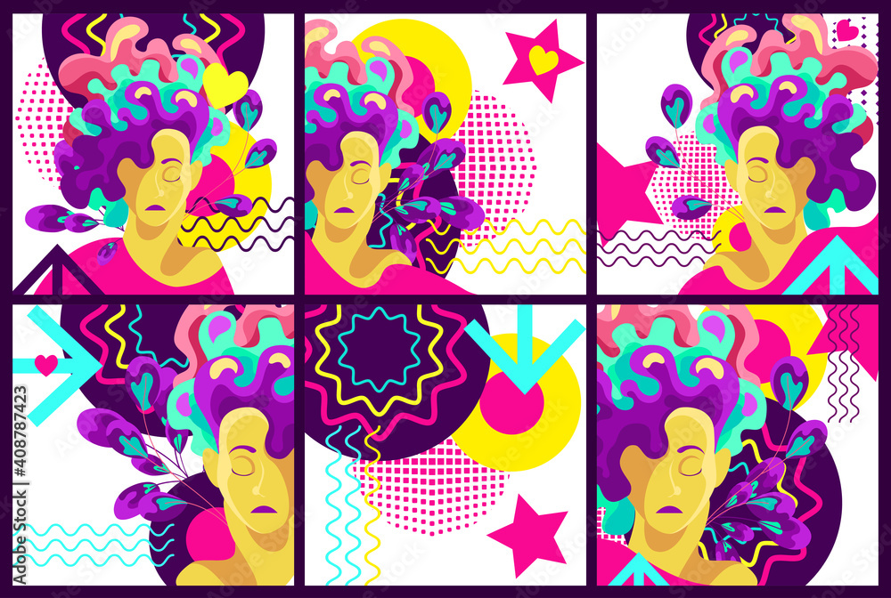 Naklejka set modern trend of abstract psychedelics. The image of the face of a bright girl against the background of different figures and doodle. Perfect for prints, T-shirts, corporate identity, packaging,
