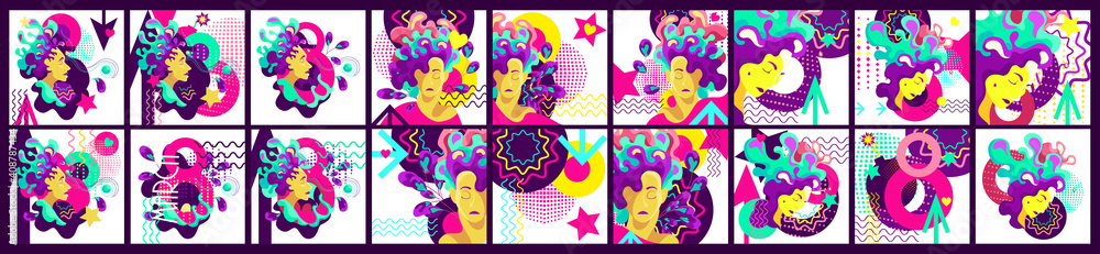 set modern trend of abstract psychedelics. The image of the face of a bright girl against the background of different figures and doodle. Perfect for prints, T-shirts, corporate identity, packaging,