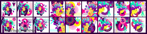 set modern trend of abstract psychedelics. The image of the face of a bright girl against the background of different figures and doodle. Perfect for prints, T-shirts, corporate identity, packaging,