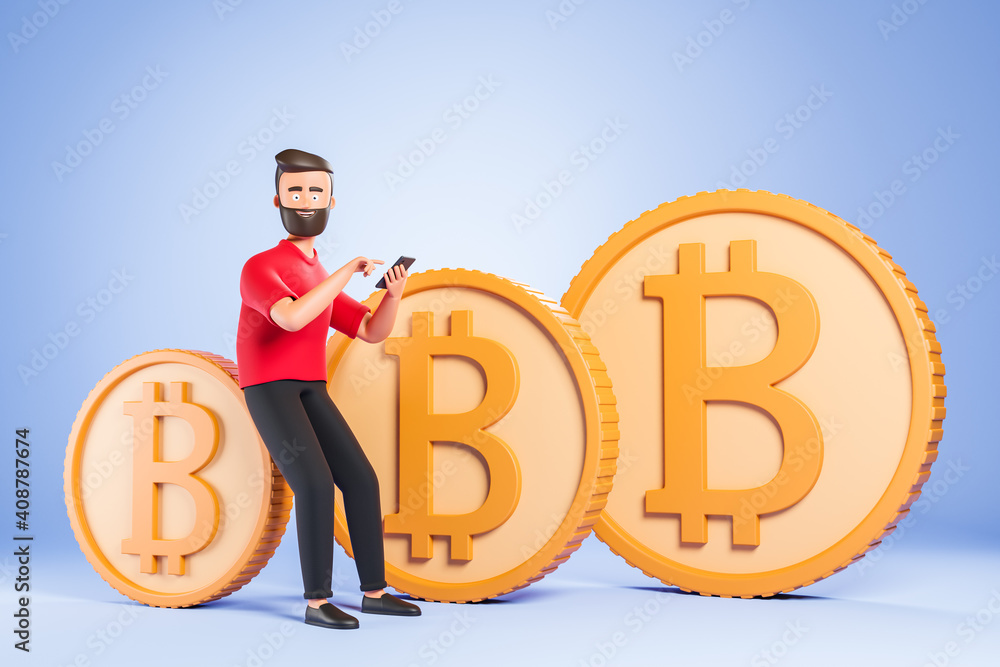 Cartoon beard character man in red tshirt use smartphone with three bitcoins over blue background. Cartoon beard character man in red tshirt use smartphone with three bitcoins over blue background.