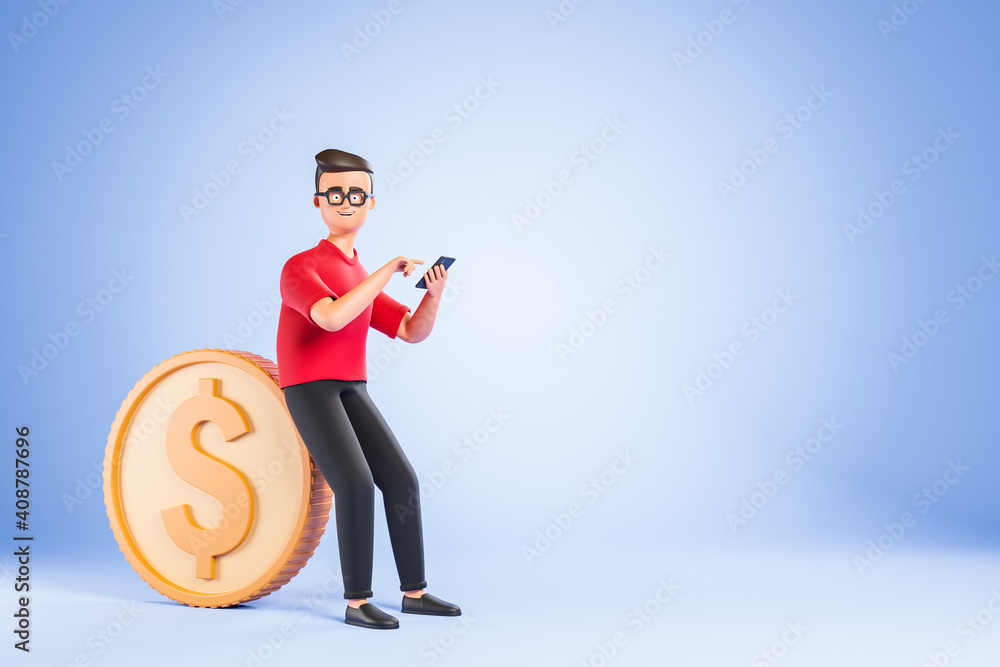 Cartoon character man in glasses and red tshirt seat on dollar coin and use smartphone. Stock exchange trading concept. Cartoon character man in glasses and red tshirt seat on dollar coin and use smartphone. Stock exchange trading concept.