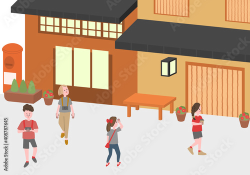 人のいる和風な街並みのイラスト