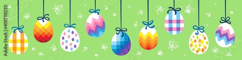 Happy Easter! Nine Easter eggs hanging on strings. Decorative poster, postcard or banner. Isolated on green background with white ornament.  Vector flat illustration.
