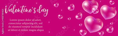 Valentines Day banner with realistic 3D heart. Template for your design with space for text. Vector illustration