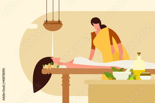 Illustration of a woman undergoing traditional Ayurvedic massage