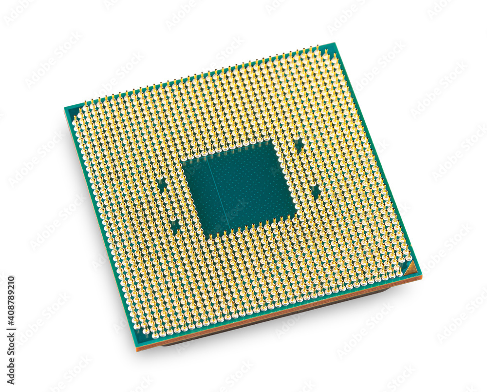 CPU computer micro processor with golden pins isolated white background. PC hardware microchip technology concept CPU computer micro processor with golden pins isolated white background. PC hardware microchip technology concept