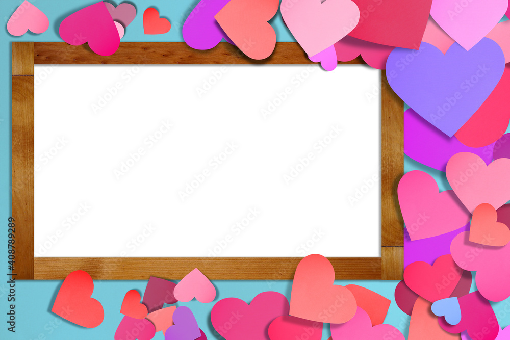 Valentine's day and Love concept,Wooden frame mock-up on paper heart background,Paper cutting technique .