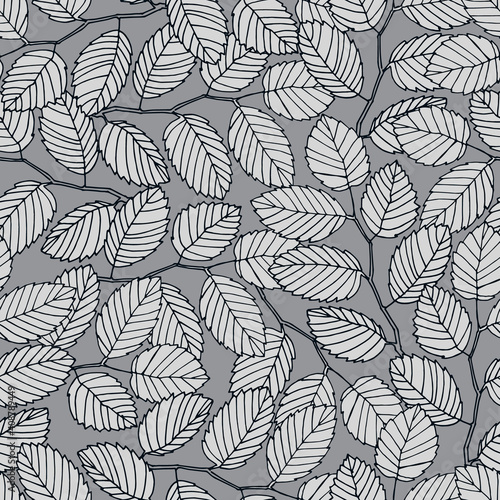 Seamless pattern with elm tree branches and leaves on white background for surface design and other design projects. Monochrome realistic line art