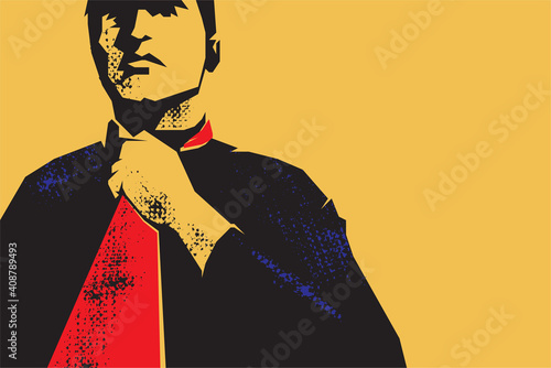 man tying a red tie retro style banner