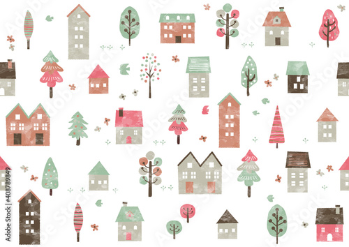 北欧風 手書き春の街と木のパターン