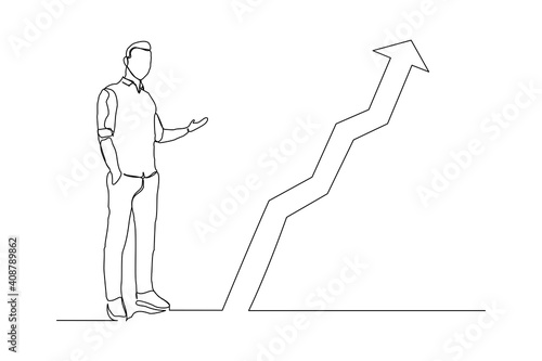 Continuous line drawing of standing business man show growing graphic diagram. Single one line art of business increase success progress. Vector illustration