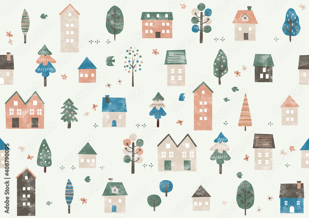 北欧風 手書き春の街と木のパターン