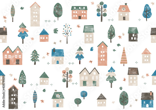 北欧風 手書き春の街と木のパターン