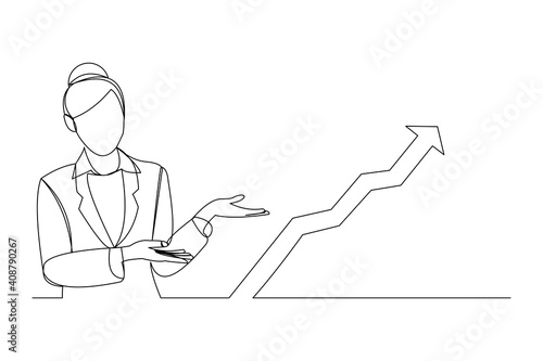 Continuous line drawing of standing business woman show growing graphic diagram. Single one line art of business increase success progress. Vector illustration