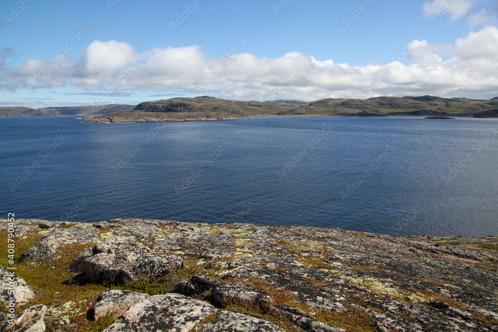View of the dark blue water of the Barents Sea bay and the hills on the opposite shore. Moss grows on a rock by the sea. Panoramic view from the cliff above the ocean. White clouds in a blue sky.