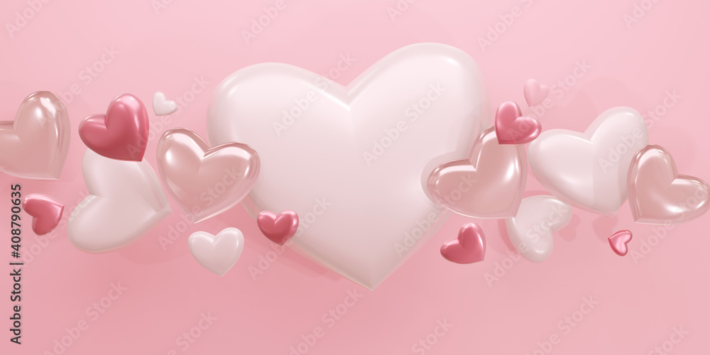 Valentine's elements in shape of heart flying on pink background. 3D render symbols of love for Happy Women's, Mother's, Valentine's Day, birthday greeting card design.