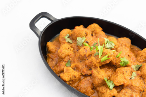 Veg Curry Masala Sabji Soya Chunks Nutri Nugget Made Of Soy Served In Platter Tray. The Sabzi Is Rich Source Of Protein And Has Multiple Health Benefits. White Background With Space For Text