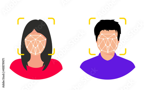 Male and woman with Face ID scanner. People with Face scanning process. Biometric verification, new recognition technology. Biometric identification, personal verification, cyber protection