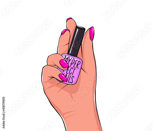 Vector Beautiful female hands holds nail polish bottle. Handwritten lettering about nails and manicure. Inspiration quote for beauty salon