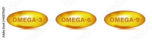 Omega Fatty Acid, EPA, DHA. Vitamin drop pill capsule Omega-3, Omega-6, Omega-9. Polyunsaturated fatty. Natural Fish. Fatty acids oil drop icons, Organic Vitamin, Nutrient