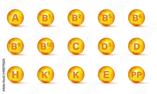 Set of Multi Vitamin complex icons. Multivitamin supplement. Vitamin A, B group B1, B2, B3, B5, B6, B9, B12, C, D, D3, E, K, H, K1, PP. Essential vitamin complex. Healthy life concept