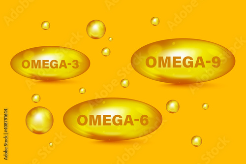Omega Fatty Acid, EPA, DHA. Vitamin drop pill capsule Omega-3, Omega-6, Omega-9. Polyunsaturated fatty. Natural Fish. Fatty acids oil drop icons, Organic Vitamin, Nutrient