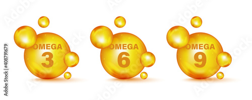 Set of gold drops icons Omega Three, Six And Nine. Polyunsaturated fatty Omega-3, Omega-6, Omega-9. Natural Fish, Organic Vitamin, Nutrient. Omega Fatty Acid, EPA, DHA. Vitamin drop pill capsule photo