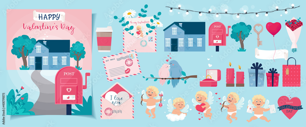 Big Valentine’s set with cute cupid, and others element. Template for greeting card, banner, poster, seamless pattern or others. Vector illustration in cartoon flat style Big Valentine’s set with cute cupid, and others element. Template for greeting card, banner, poster, seamless pattern or others. Vector illustration in cartoon flat style