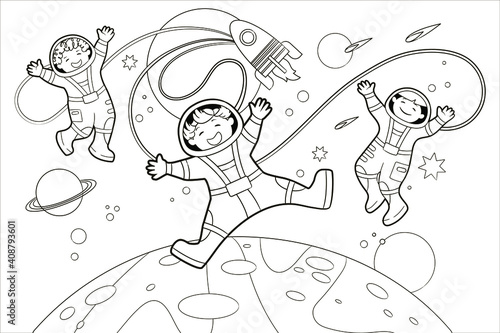 Coloring book: Children-astronauts soar in outer space among the planets. Vector illustration, black and white line art, sketch, doodle