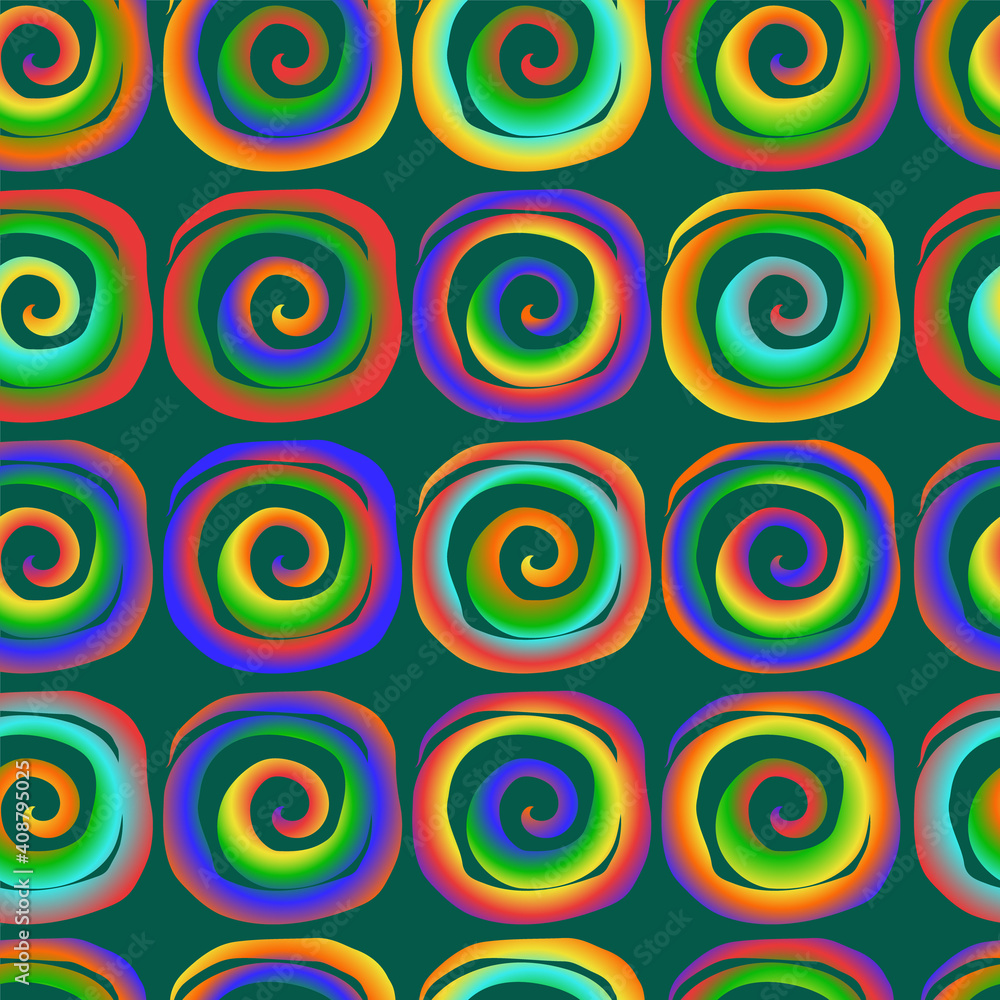 Bright seamless pattern in hippie style of rainbow spirals on a tidewater green color background