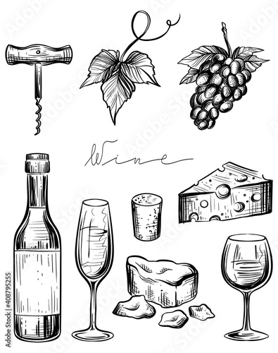 Wine set, hand drawn monochrome vector