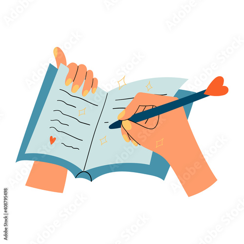 Woman hands with notepad, diary or journal writing thoughts or love letter, to do list, personal plans, goals. Isolated illustration of a pen and a notebook. Self love practice, mental health habits.