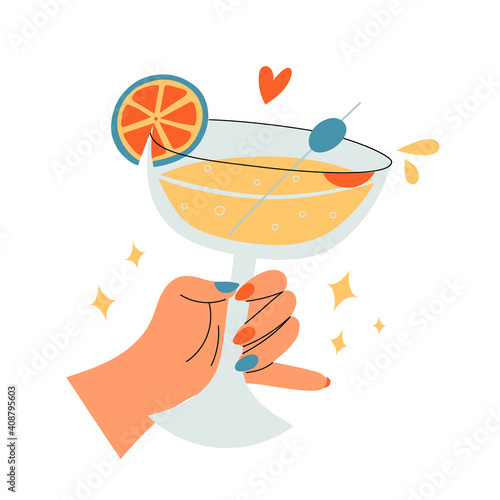 Woman hand holding a cocktail glass with martini or alcohol drink with lemon and olive. Happy hour, cheers sign, party design, celebration with love. Isolated hand drawn colorful vector illustration.