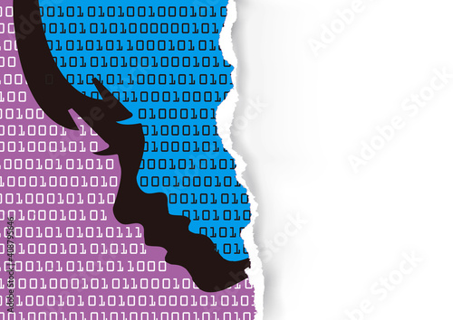 Sad child and binary codes, torn paper banner background. 
Little girl stylized head silhouette with binary codes.  Social networks, computer games addiction concept Vector available.