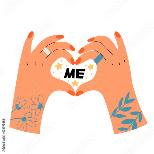 Hands making heart sign, love concept. Woman arms with tattoo, red nails and rings, gesture of care and reminder to love yourself, finger heart symbol. Vector hand drawn flat isolated illustration.
