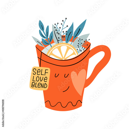 A smiling happy cup of tea with herbs and lemon. Big mug with a cute kind face and heart. Reminder to love yourself and care blend. Relax and enjoy your day. Vector hand drawn doodle illustration.