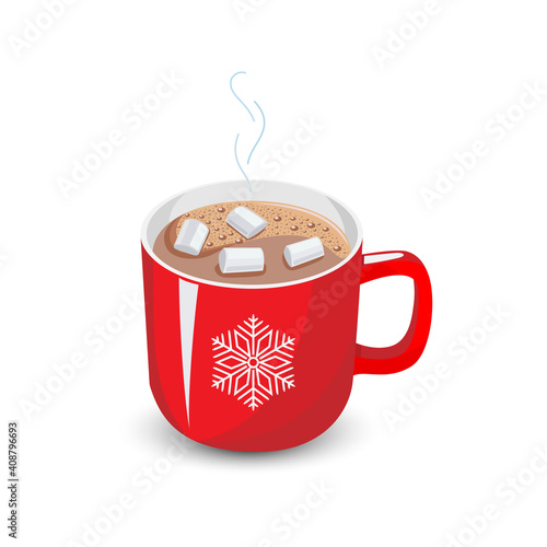 Hot chocolate with marshmallows in red cup isolated on a white background.