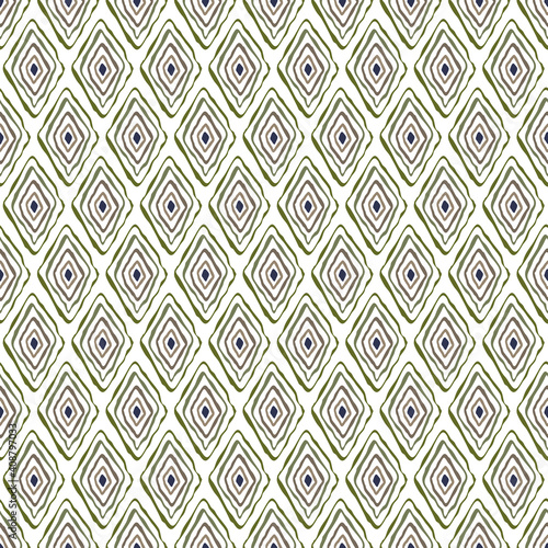 Vector Oblong Doodle Style Diamonds in Blue Green Brown on White Background Seamless Repeat Pattern. Background for textiles, cards, manufacturing, wallpapers, print, gift wrap and scrapbooking.