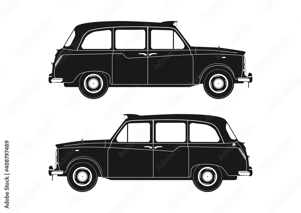 London taxi silhouette. Side view of vintage taxi from the 1960s. Flat vector.