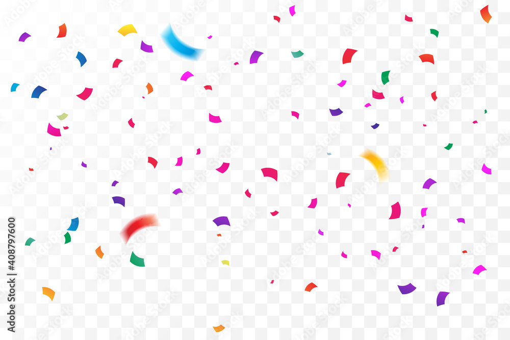 Many falling colorful confetti isolated on transparent background. Celebration banner. Vector