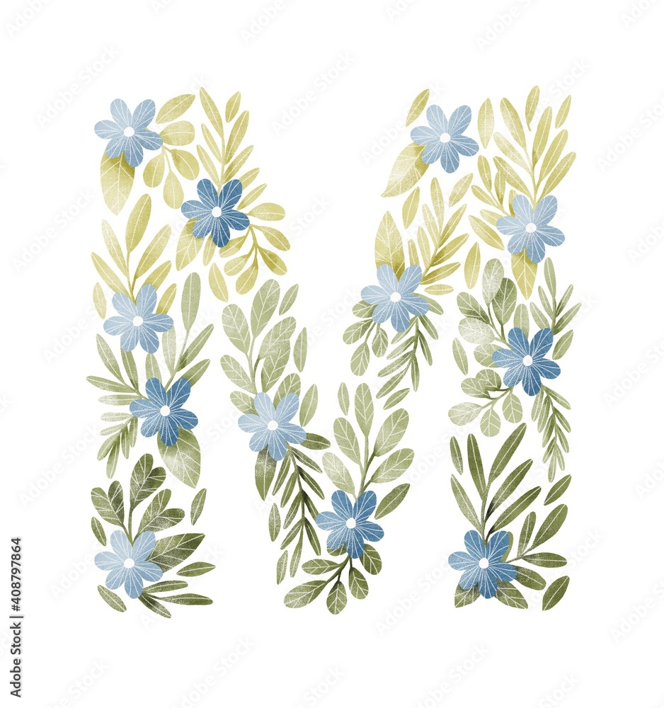 Obraz premium Letter M floral letter with blue flowers and green leaves. Lovely ABC for nursery room or education.Personalized floral monogram. Botanical illustration.