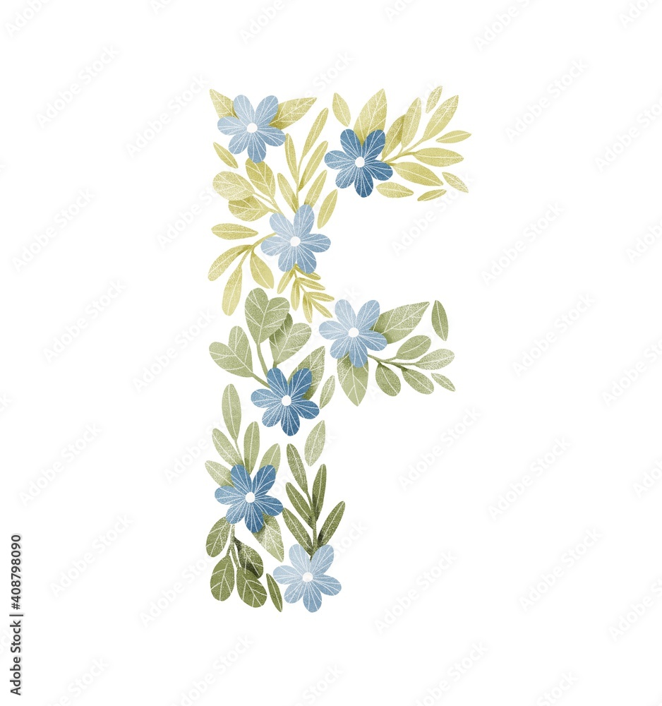 Letter F floral letter with blue flowers and green leaves. Lovely ABC for nursery room or education. 

Personalized floral monogram. Botanical illustration.