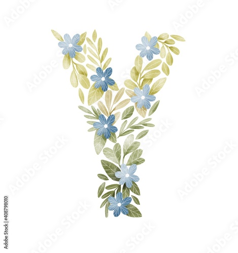 Fototapeta Naklejka Na Ścianę i Meble -  Letter Y floral letter with blue flowers and green leaves. Lovely ABC for nursery room or education. 

Personalized floral monogram. Botanical illustration.