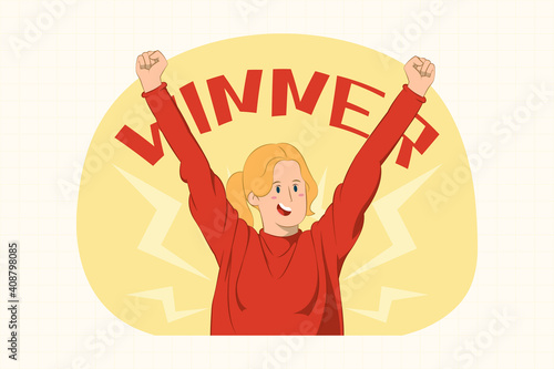 Smiling joyful young woman doing winner gesture concept