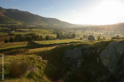 Sunrise over the Greta Valley, view to Threlkeld and Blencathra, Lake District, Cumbria, England photo