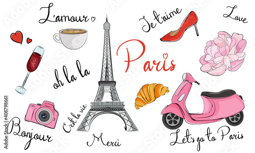 Paris hand drawn symbols, icons. France elements.