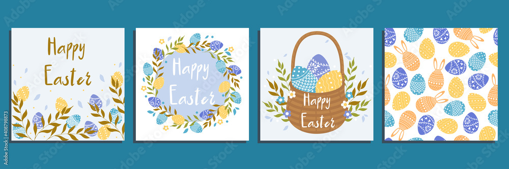 Happy Easter! Set of cards in trend color. Cute vector flat illustration. Use for print, web, banner, website, corporate report, presentation, advertising, marketing, brochure template.