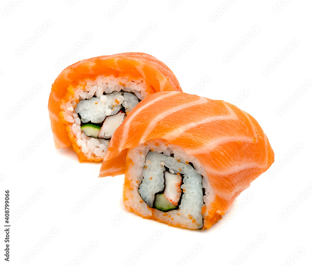 rolled sushi salmon nigiri isolated on white background, Japanese food rolled sushi salmon nigiri isolated on white background, Japanese food